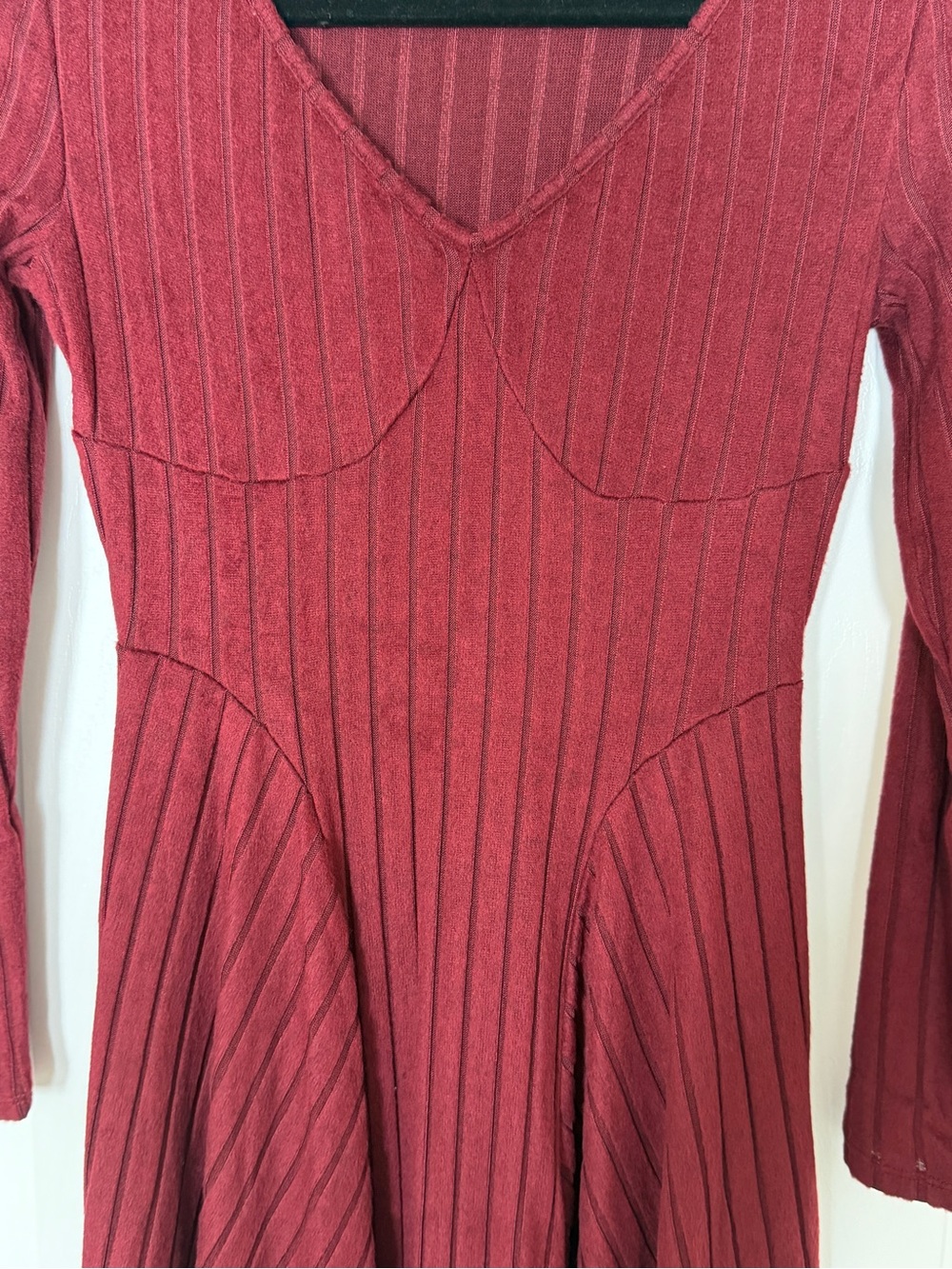 Halara Burgundy Ribbed Knit Fit & Flare Midi Dress Long Sleeve V-Neck XS - Picture 5 of 10
